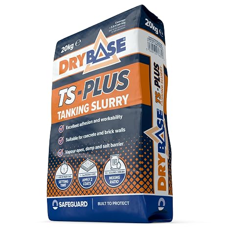 Drybase TS-PLUS Tanking Slurry (20kg) | Cementitious Waterproofing Internal/External Damp-Proofing Treatment | Frost/Heat-Resistant Damp & Salt Barrier | Breathable Coating