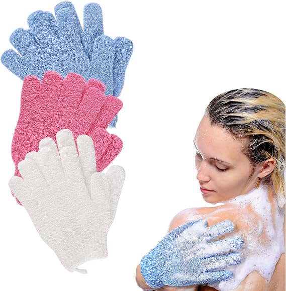 3 Pair Shower Gloves Exfoliating, Deep Clean Body Exfoliator Scrub with Lanyard, Dead Skin Remover Shower Body Scrub Gloves for Shower, Spa, Massage and Dead Skin Cell - White, Red, Blue