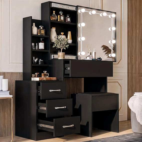 Blisswood Dressing Table with Mirror and Stool, Vanity Desk with 4 Drawer 3 open Storage Shelves and 3 Hidden Shelves with LED Bulbs, Modern Makeup Table for Bedroom & Living Room (Black)