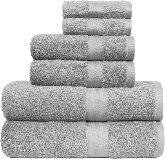 Amazon Basics Bath Towels Set, 6-Piece 100% Cotton – 2 Bath, 2 Hand Towels for Bathroom, 2 Face Cloths, Fade Resistant, Soft and Absorbent, Grey