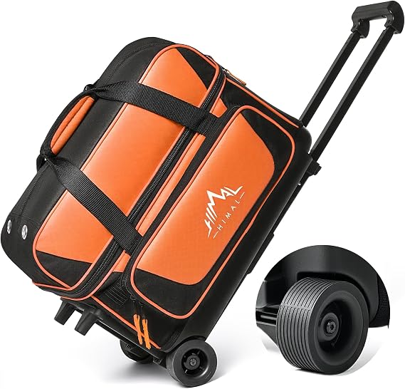 GoHimal Double Roller 2 Ball Bowling Bag with Separate Shoe Compartment for Bowling Shoes (Up To US Mens Size 15) and Oversized Accessory Pocket, Retractable Handle - Extends to 40"