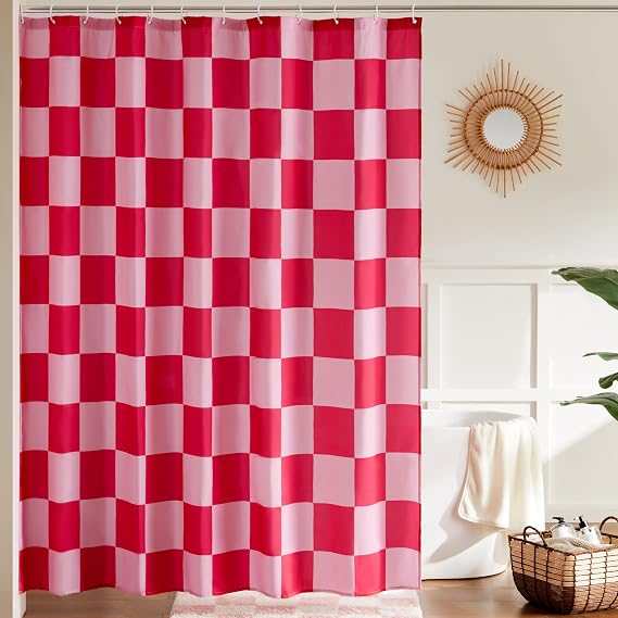 Ohocut Checkered Shower Curtain, Double Pink Plaid Shower Curtains for Bathroom, Cute Retro Checkerboard Shower Curtain Vintage Aesthetic, Machine Washable Fabric Bath Curtain, 180x180cm