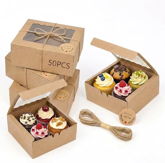 50 Pack Kraft Brownie Boxes with Window, Bento Cake Boxes Small Bakery Set
