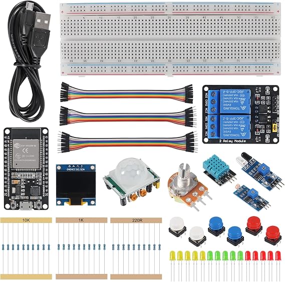 Basic Starter Kit for ESP32 ESP-32S WiFi IoT Development Board ESP32 Kit Bread Board Electronic Kit, Breadboard Kit Compatible with Arduino IDE for Beginners, Electronics Component Fun Kit