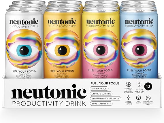 Neutonic Nootropic Productivity Energy Drink | Variety Pack 12 Cans | 120mg Natural Caffeine, Zero Sugar | Support Energy, Mental Performance, Cognitive Function | Support Focus, Brain Health