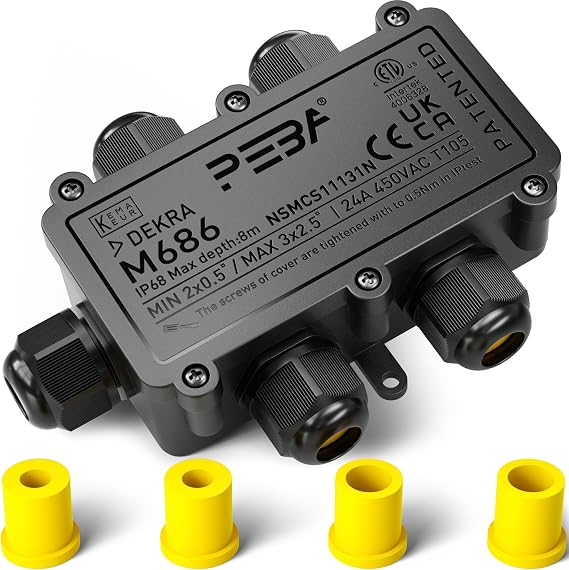 PEBA IP68 Waterproof Junction Boxes, Waterproof Cable Connector,5-Way Outdoor Cable Connector Junction Box, Suitable for Cables Ø4-12mm Outer Splice Box Black