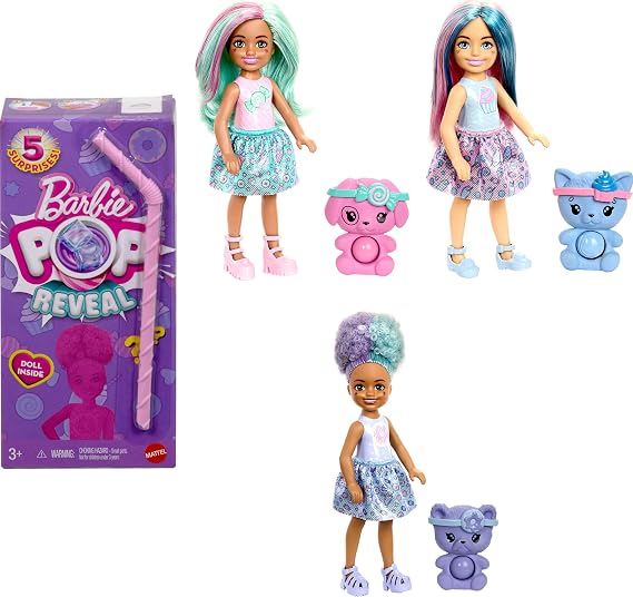 Barbie Chelsea Pop Reveal bebek seti, Atıştırmalık Serisi, kokulu küçük bebek, karnına bastırılabilen evcil hayvan oyuncağı ve renk değişimi eğlencesi dahil 5 farklı sürpriz, JFY01