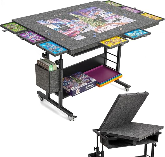 Tektalk 2000 Piece Foldable Felt Jigsaw Puzzle Table with Height Adjustment, Puzzle Board for Adults with 2 Cover & 8 Sorting Trays/Drawers, Easel with Legs, Enclosed with 4 Roller Wheels - Dark Gray