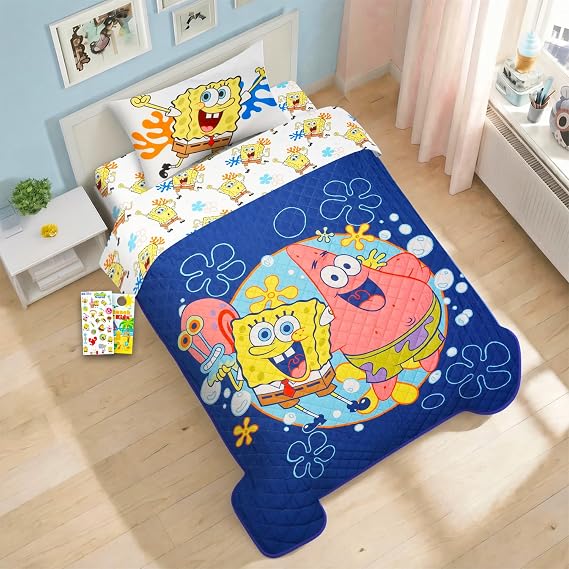 Spongebob Twin Bedding Set Underwater Vibes - Bundle of Spongebob Bedspread, Flat Sheet, Fitted Sheet, Pillowcase, Stickers, More | Room Decor