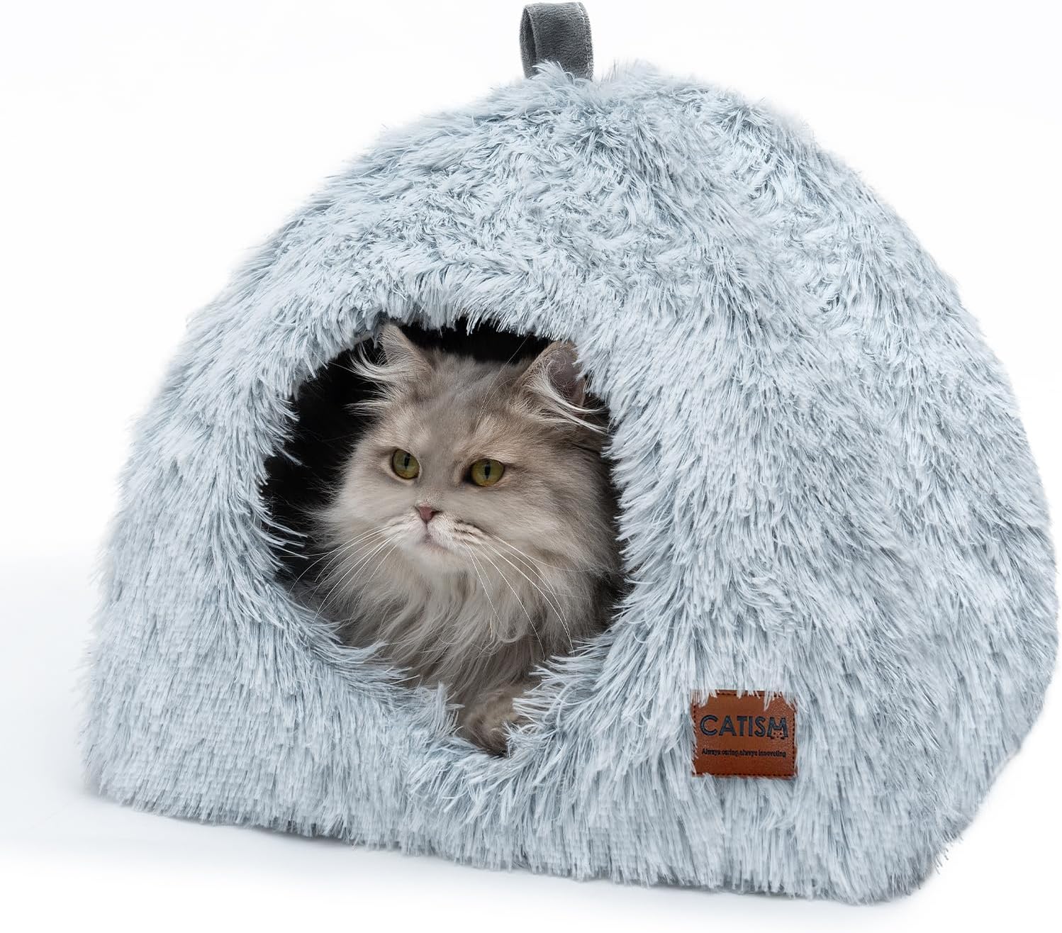CATISM Cat Bed, Cat Igloo Cave Pet Bed for Dogs Large Indoor Tent Cave Nesting Bed Anti-slip 2-in-1 Triangle Cave House Nest House with Handle Washable Removable Pillow Cushion Grey