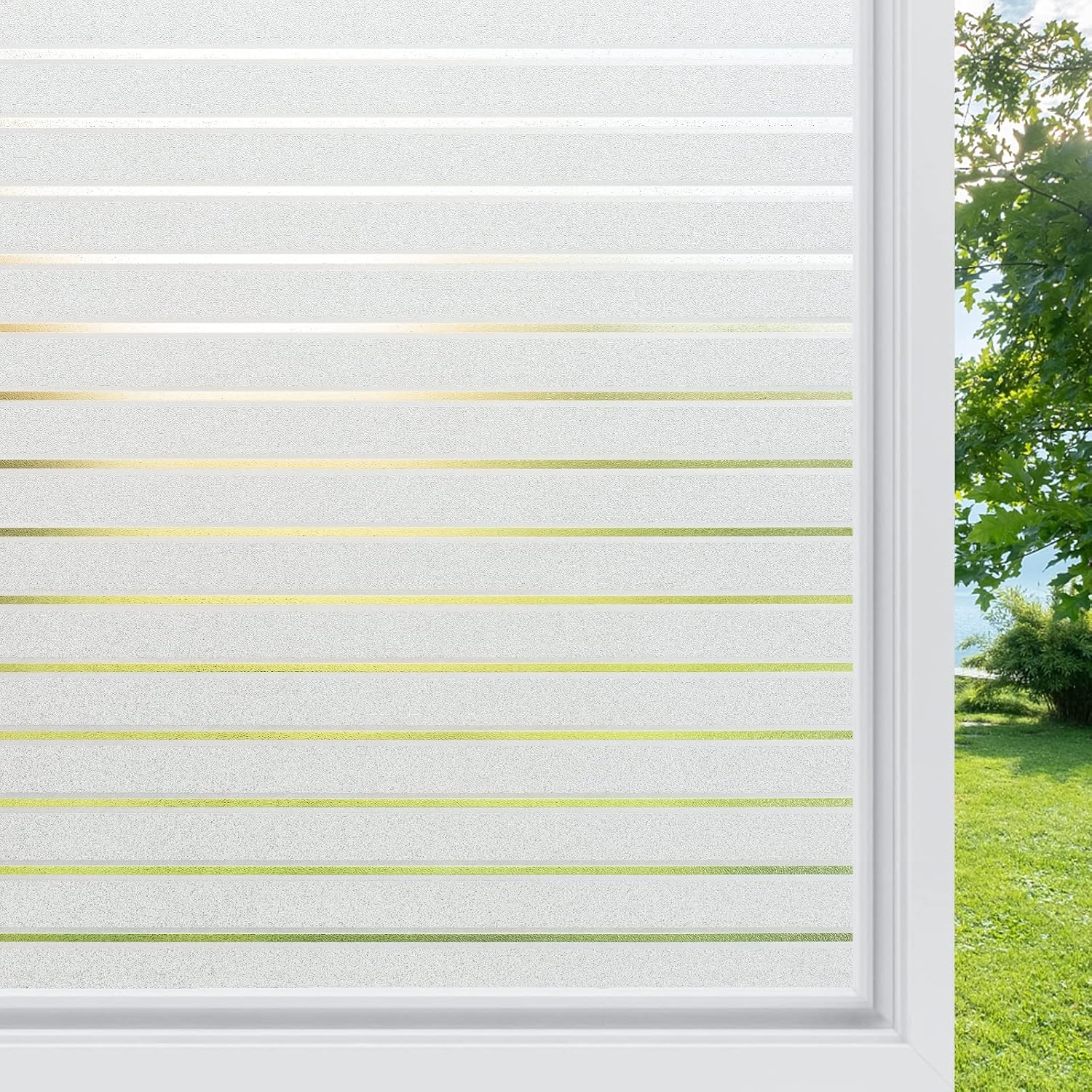 rabbitgoo Window Film Privacy Film for Glass Windows Static Cling 60 x 200 cm, Frosted Privacy Sticker No Glue Glass Coverings Opaque UV Protection White Stripe for Office Living Room Kitchen