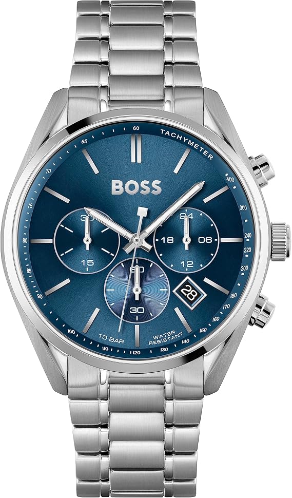 BOSS Herren 44mm Chronograph Quarz Uhr Champion Kollektion mit Edelstahl- oder Lederarmband Datumsfunktion 3 Sub-Dials 10ATM Wasserdichtigkeit