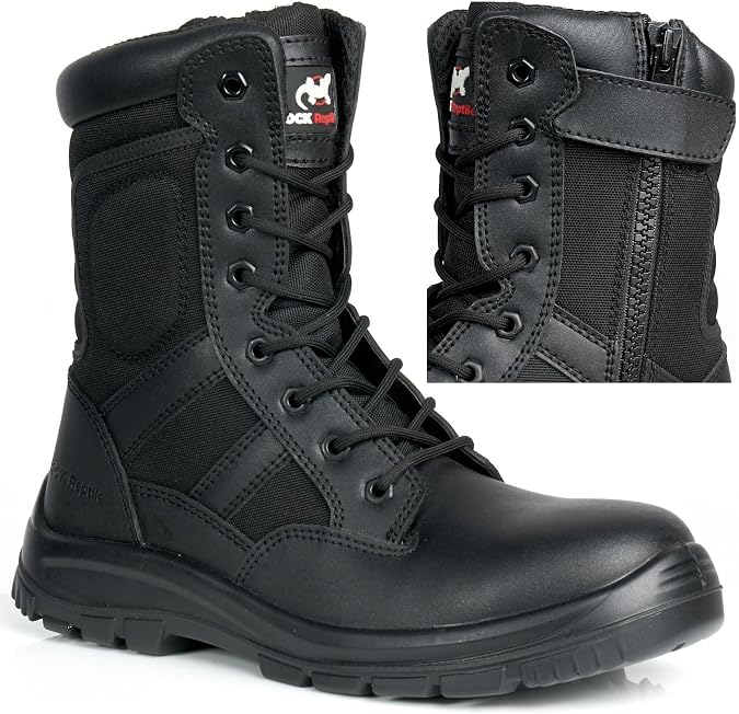 Taskforce Mens Black Leather Combat Safety Boots Steel Toe Cap Work Lightweight Waterproof Military Patrol Shoes S1P SRC Zip/Lace Up Ankle Boots Size