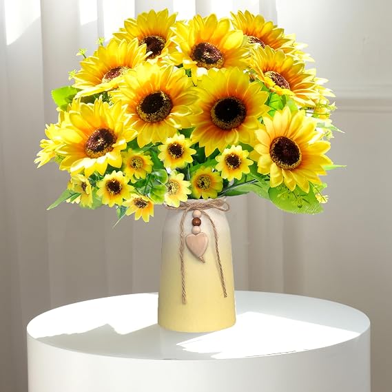 Artificial Sunflower Arrangement in Vase – 3 Bunches of Lifelike Silk Sunflowers with Yellow Vase Featuring Jute Rope & Heart Charm for Home Décor, Office, and Special Occasions