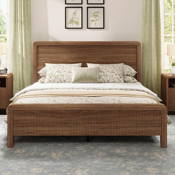 LUXOAK 5ft King Bed Frame, Fluted Wood Effect, 150x200cm, Walnut