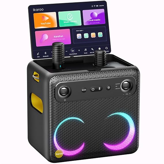 Ikarao Karaoke Machine with Screen, with Lyrics Display, with 2 Wireless Microphone, 32GB Tablet, Professional PA System, 300W Peak Power, 4 DJ Lights, HDMI Speaker for Any Occasion-Break X2