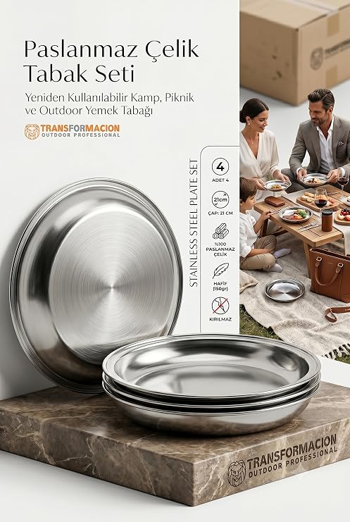 Transformacion 4'lü Paslanmaz Çelik Tabak Seti 21 cm, Kırılmaz, Hafif, Yeniden Kullanılabilir Kamp, Piknik ve Outdoor Yemek Tabağı 719554