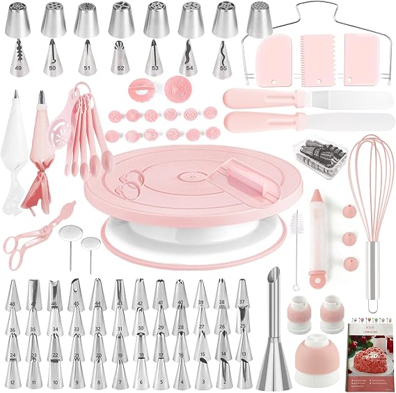 Cake Decorating Kit, 137pcs Cake Decorating Supplies with Cake Turntable for Decorating, Pastry Piping Bag, Russian Piping Tips Baking Tools, Cake Baking Supplies for Beginners (Light-Pink)
