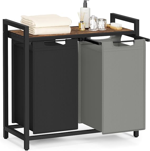 VASAGLE Laundry Basket, 2-Compartment Laundry Hamper, Pull-Out and Removable Liner Bags, Clothes Sorter, Shelf, Metal Frame, 2 x 46 L, 73 x 33 x 72 cm, Bicolor and Rustic Brown BLH201X01