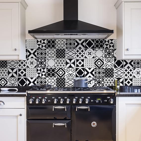 CREARREDA Kitchen Splash Guard Panel Wall Sticker White and Black Tiles 180_x_60_cm 100% Made in Italy with Non-Toxic, Fireproof and Water Resistant Ink, 67136
