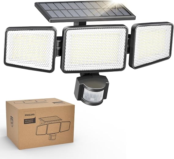Philips Solar Security Light Outdoor Light 302 LEDs 1200lm, Solar-Powered Waterproof Wall-Mounted Flood Light w/PIR Motion Sensor, 3 Heads, IP65 Waterproof, 3 Modes (1) [Energy Class A]