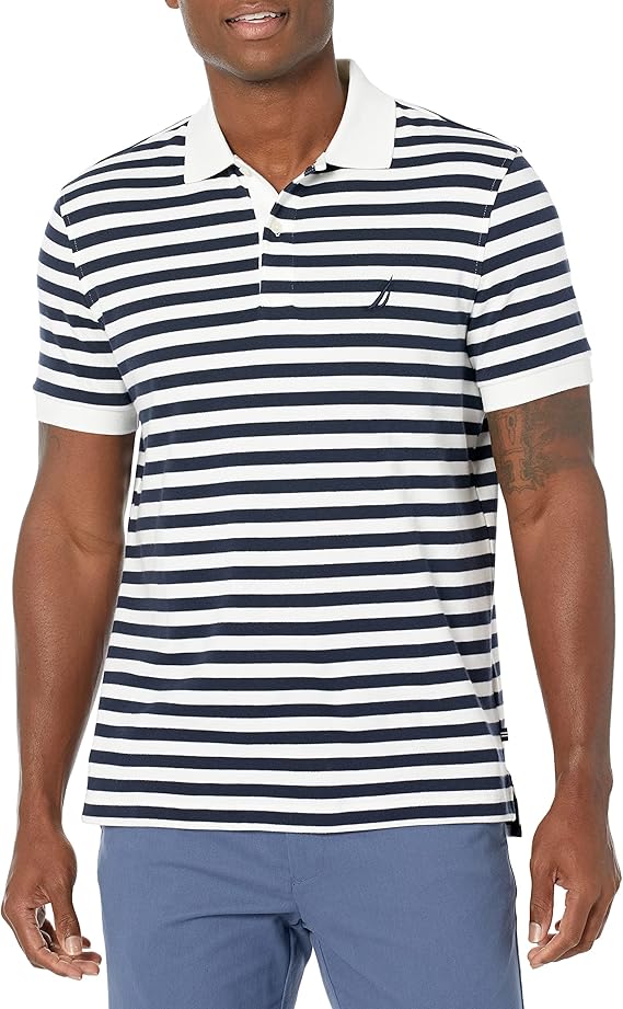 Nautica Men's Classic Fit Short Sleeve 100% Cotton Stripe Soft Polo Shirt Polo Shirt