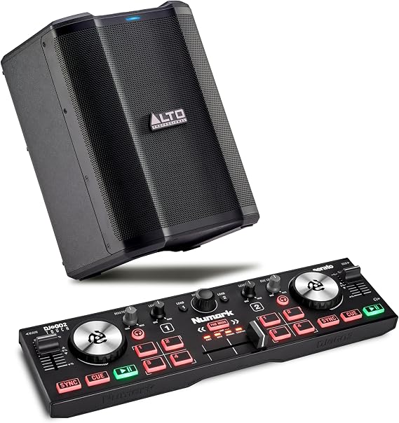 Numark DJ2GO2 Touch DJ Controller and ALTO BUSKER Powered PA Speaker for Live Music, DJ sets, Events, Music production