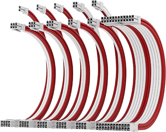 AsiaHorse Update 16AWG PSU Cable Extension, PC Sleeved Cable Kit for GPU/CPU, Power Supply Computer Cable Extensions with Cable Combs, 24PIN/(6+2) PIN/(4+4) PIN, 30CM, White+Red