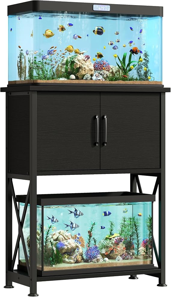 Herture PG06YGB 5-10 Gallon Aquarium Stand Metal Double Aquarium Stand with Cabinet for Storage of Aquarium Accessories Heavy Duty 20.4" L x 11.05" W Tabletop, 500lb Capacity, Black