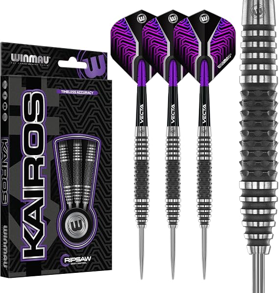 WINMAU Darts Kairos Series 90% Professional Tungsten Steel Tip Darts Set with Dart Flights and Dart Shafts (Stems) - Available in Two Styles - Available weights 21g, 23g 24g and 26g