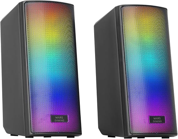Mars Gaming MSRGB2, Bluetooth 5.3 15W Speakers, DSP Sound Processor, Dynamic RGB Lighting, Total Mesh Front, Compact Speakers with Control Box, 3.5mm Jack and USB Input, Black