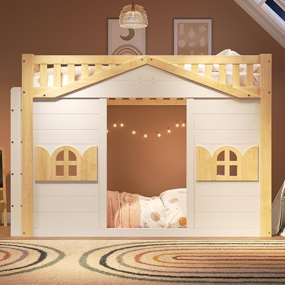 Merax Bunk Bed, Children's Loft Bed, Wooden House Bed, with interchangeable Ladder & under Activity Area & window design & Safety Guardrail, White+Natural, 90x190cm