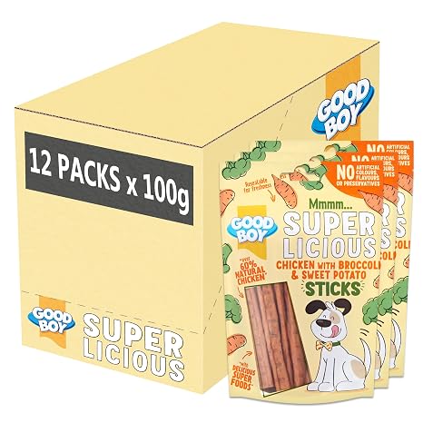 Good Boy Superlicious - Chicken with Broccoli & Sweet Potato Sticks Dog Treats - Box of 12 x 100 g