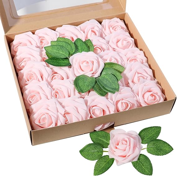 25pcs Artificial Flowers Roses, Champagne Pink Foam Flowers Real Touch False Roses Artificial Flowers Foam Roses with Stem False Flowers for Wedding DIY Bouquets Valentine's Day Home Decorations