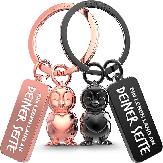 FABACH Keyring for Couples - 2 Penguins Frosty with Heart - Lucky Charm Girlfriend - Partner Love Keyring Anniversary Gifts Valentine's Day Black & Rose Gold