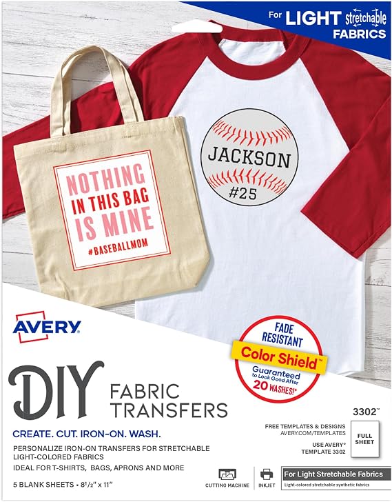 Avery Hafif Kumaşlar için Yazdırılabilir Gerilebilir Isı Transfer Kağıdı, 8.5 "x 11", Mürekkep Püskürtmeli Yazıcı, 5 Yaprak (3302)
