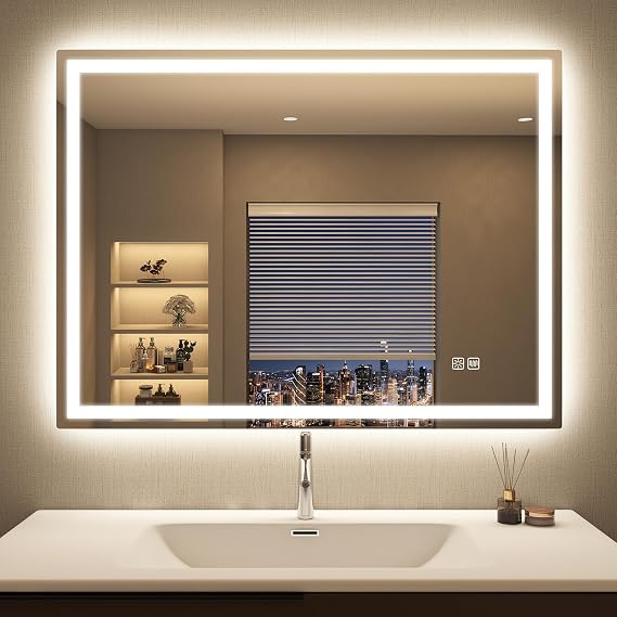 STARLEAD 60x80 cm Bathroom-Mirror-with-LED-Lights, LED-Bathroom-Wall-Mirror with Anti-Fog, 3 Colors Dimmable, Memory Function, HD Tempered Glass, IP44, Horizontal/Vertical