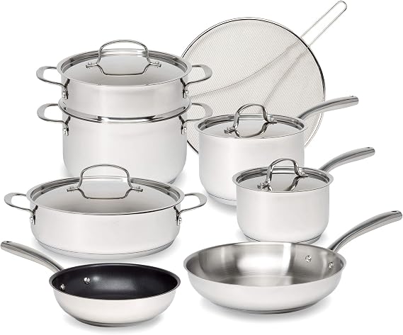 Goodful 12-Piece Classic Stainless Steel Cookware Set with Tri-Ply Base for Even Heating, Durable, Impact Bonded Pots and Pans, Dishwasher Safe Includes Non Stick Frying Pan, Chrome