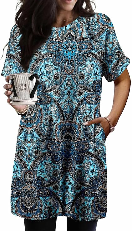 KISSMODA Womens Short Sleeve Tunic Tops for Leggings Basic Summer Long Shirts Fashion Loose Clothes
