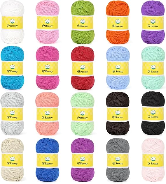 Reessy 100% Cotton Yarn, 500g(20×25g) Cotton Yarn for Crochet, Amigurumi Cotton DK Yarn for Knitting, Soft 8 Ply Crochet Yarn Set Multi Color - Suitable for Exquisite Colorful Crafts