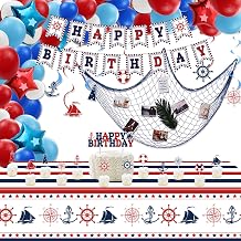 Nautical Party Decorations, Anckor Themed Birthday Supplies, Fishing Net Decoration Table Cloth with Happy Birthday Banner Balloon Hanging Sign Nautical Theme Birthday, First Birthday Party