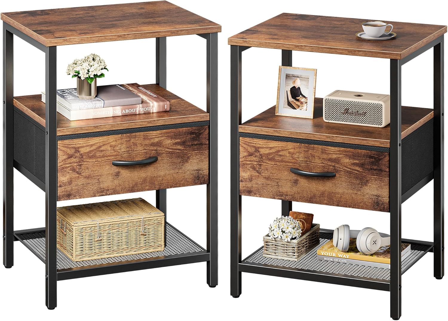 Huuger Nightstand Set of 2, Night Stand with Fabric Drawer, Mesh Shelf, Side Table with Storage, Fabric Drawer Dresser, Open Shelf, Metal Frame, Bedroom, Nursery, Living Room, Rustic Brown