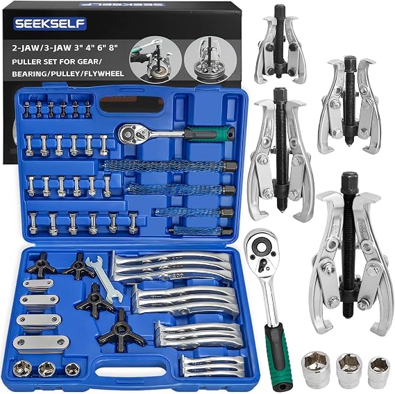 3" 4" 6" 8" Gear Puller Set, 2-Jaw/3-Jaw Bearing Puller Kit with Torque Wrench, Heavy Duty Pulling Tool, Reversible Jaw for Internal External Flywheel Gear Pulley Bearing Rotor Removal