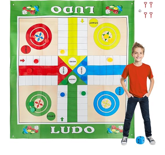 Relaxdays Ludo XXL Table Game Large Field with 16 Pawns, 2 Dice and 4 Stakes, Maxi Outdoor Game, Multi-Colour