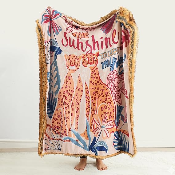 Gold Faux Fur Throw Blanket Leopard Flower Print Gift Blanket For Friends,Mother, Super Soft Cosy Fluffy Blankets for Sofa, Armchair, Couch and Bed Decor, 150 x 200cm