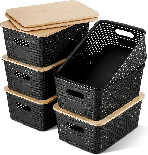 6 Pack Black Plastic Storage Boxes with Bamboo Lid