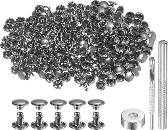 sourcing map 200 Sets Leather Rivets 8mm x 6mm Metal Double Cap Rivet Snaps Studs Fasteners with 3pcs Setting Tools Rivets for Leather Craft DIY Repair Decoration, Gunmetal
