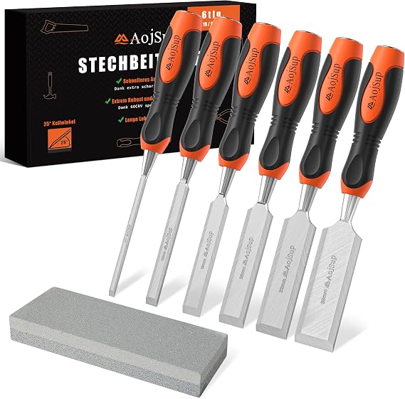 Wood Chisel Set, 6-Piece Woodworking Carving Chisels (6mm, 12mm,19mm, 25mm, 32mm, 38mm), Sharp Bevel Edge Chisels with Sharpening Stone, Perfect for Woodworking, Wood Carving and Sculpting