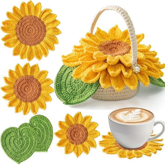 Weldomcor Crochet Kit for Beginners, Crochet Coasters Kit, Sunflower Potted Plant Crochet Knit, Starter Crochet Kit for Adults with Step-by-Step Instructions and Video Tutorials DIY Material Tools