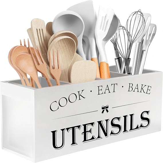 Suli Extra Wooden Large Kitchen Utensils Holder, 4 Compartments, White